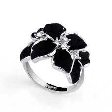 Кольцо цветок с чёрной эмалью и камнями Swarovski