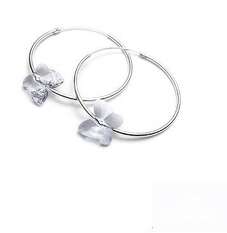 Серебряные серьги кольца с подвесками белыми бабочками Swarovski